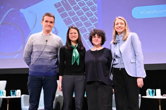 From left to right: Drago Plecko, Columbia Engineering; Carri Chan, Columbia Business School; Noémie Elhadad, VP&S; Moderator: Lena Mamykina, VP&S. Photo by Eileen M. Barroso. Photo from Columbia University Data Science Institute