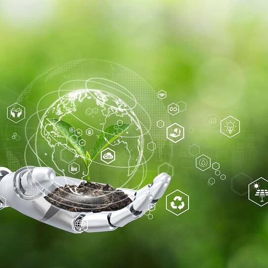 Sustainable development goal (SDGs) concept. Robot hand holding small plants with Environment icon. Green technology and Environmental